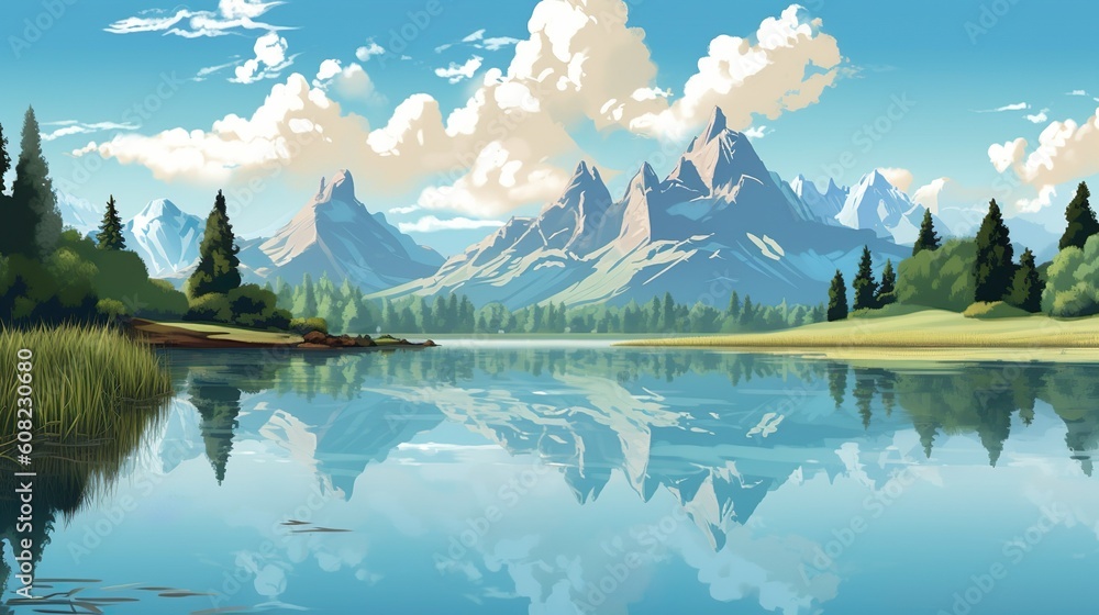 Poster abstract background mountains with lake. illustration of a serene landscape of mountains and a seren