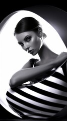 Fashion model in swimsuit that is with stripes. Beautiful illustration picture. Generative AI