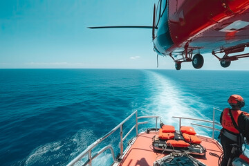 Coast Guard Helicopter Search and Rescue descending on ship at blue sea. Generative AI