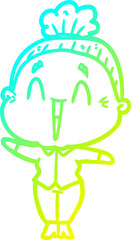cold gradient line drawing of a cartoon happy old lady