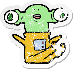 distressed sticker of a friendly cartoon alien sitting down