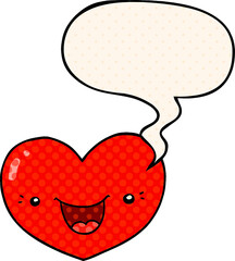 cartoon love heart character with speech bubble in comic book style