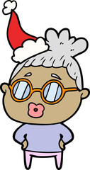 hand drawn line drawing of a librarian woman wearing spectacles wearing santa hat