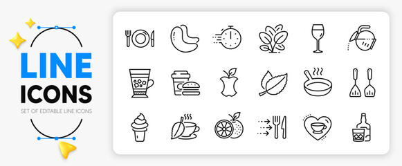 Food, Food delivery and Frappe line icons set for app include Ice cream, Cooking timer, Mint leaves outline thin icon. Orange, Love coffee, Wine glass pictogram icon. Cashew nut. Vector