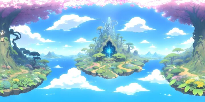 A serene landscape of fluffy white clouds floating across a deep blue sky above calm, shimmering water