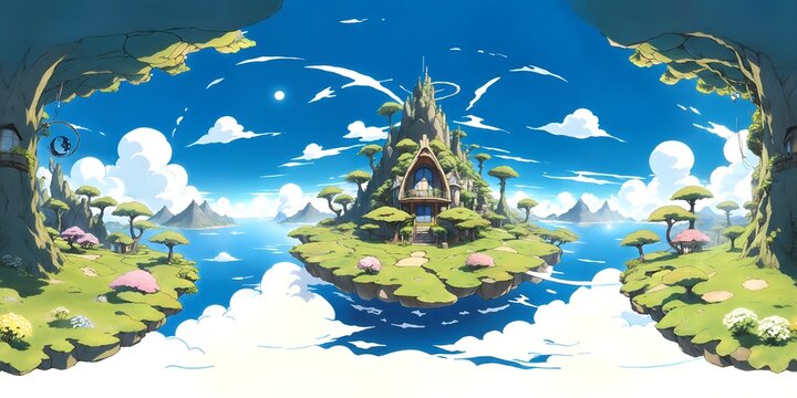 A sunny cartoon sky with fluffy white clouds reflecting off the calm blue water below with anime art style nature background 