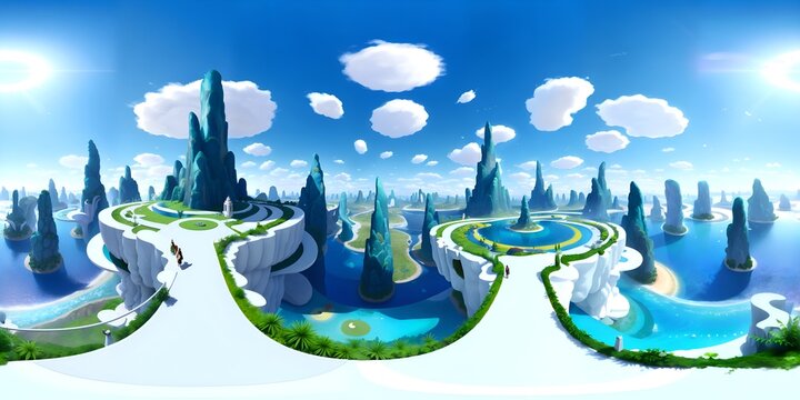 A stunning panoramic view of a bright blue sky adorned with cartoons of the natural world