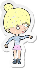 retro distressed sticker of a cartoon surprised woman