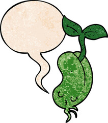 cartoon sprouting bean with speech bubble in retro texture style
