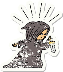 worn old sticker of a tattoo style assassin with knife