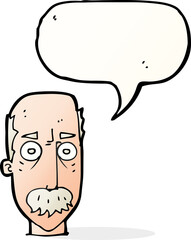 cartoon man with mustache with speech bubble