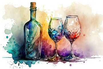 bottle with two glasses in style of aquarelle, ai generated