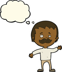 cartoon man with mustache waving with thought bubble