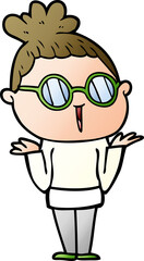 cartoon shrugging woman wearing spectacles