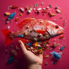 Fototapeta premium Pollution from microplastics in the flesh of marine fish poses a serious concern to human health.created by Generative AI.