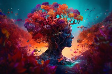 Trees growing out of head. Face of person, in colorful design. Beautiful illustration picture. Generative AI