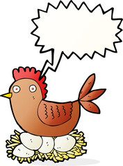 cartoon hen on eggs with speech bubble