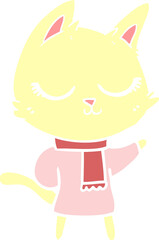 calm flat color style cartoon cat wearing scarf