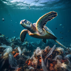 Pollution from tiny microplastics has a direct impact on sea turtles,created by Generative AI.