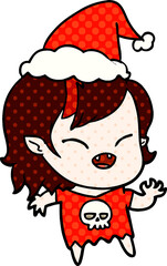 hand drawn comic book style illustration of a laughing vampire girl wearing santa hat