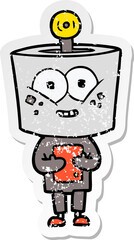 distressed sticker of a happy cartoon robot