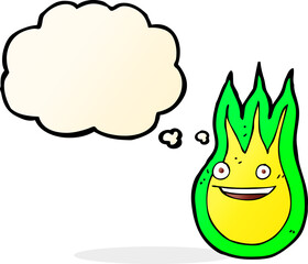 cartoon friendly fireball with thought bubble