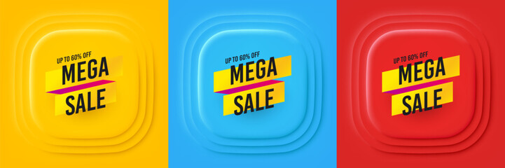 Mega sale sticker. Neumorphic offer banner, flyer or poster. Discount banner shape. Coupon tag icon. Mega sale promo event banner. 3d square buttons. Special deal coupon. Vector