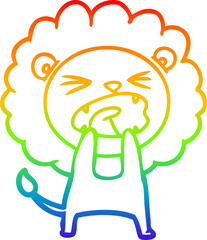 rainbow gradient line drawing of a cartoon angry lion
