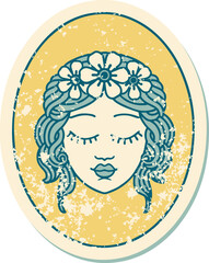 iconic distressed sticker tattoo style image of a maiden with eyes closed