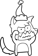 hand drawn line drawing of a annoyed fox wearing santa hat