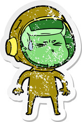 distressed sticker of a cartoon stressed astronaut