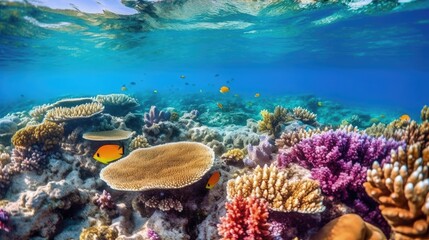 Delve into the enchanting realm of a bustling coral reef, where a symphony of activity unfolds as myriad species of fish, corals, and other marine organisms interact. Generated by AI.
