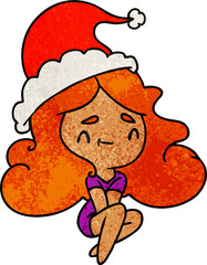 hand drawn christmas textured cartoon of kawaii girl