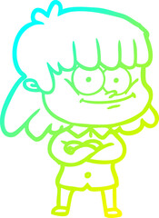 cold gradient line drawing of a cartoon smiling woman
