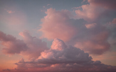 Pastel pink fluffy clouds at sunrise. Generative AI	