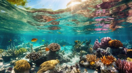 Fototapeta na wymiar Venture into an untouched ocean paradise, where the crystal-clear waters reveal a kaleidoscope of vibrant marine life. Generated by AI.