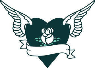 iconic tattoo style image of heart with wings a rose and banner