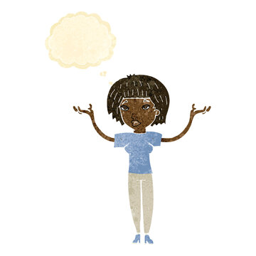 recommend clip art: cartoon woman shrugging shoulders with thought bubble