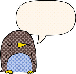 cartoon penguin with speech bubble in comic book style