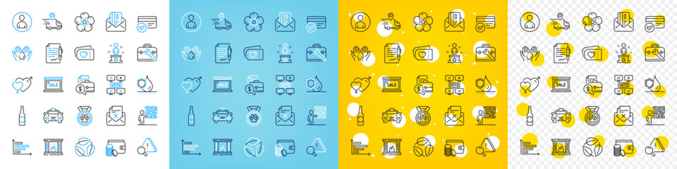 Vector icons set of Agreement document, Delivery truck and Accounting report line icons pack for web with Avatar, Horizontal chart, Sale outline icon. Wash hands, Beer bottle. Vector