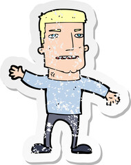 retro distressed sticker of a cartoon waving stressed man