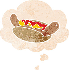 cartoon hot dog with thought bubble in grunge distressed retro textured style
