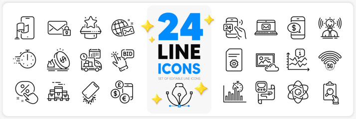 Icons set of Discount button, Phone payment and Photo cloud line icons pack for app with Bid offer, Inspect, Boxes pallet thin outline icon. Delivery, E-mail, Secure mail pictogram. Vector