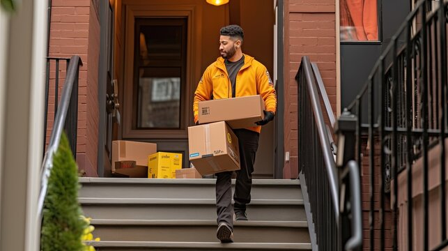 A skilled delivery driver expertly carries a package up a flight of stairs, displaying their professionalism and dedication. Generated by AI. - Powered by Adobe