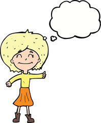 cartoon happy girl giving thumbs up symbol with thought bubble
