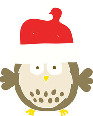 flat color illustration of owl wearing christmas hat