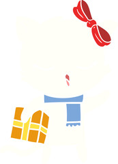 flat color style cartoon girl cat with christmas present