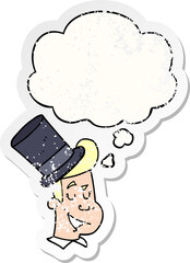 cartoon man wearing top hat with thought bubble as a distressed worn sticker