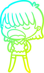 cold gradient line drawing of a cartoon woman talking loudly