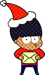 nervous hand drawn comic book style illustration of a boy wearing santa hat